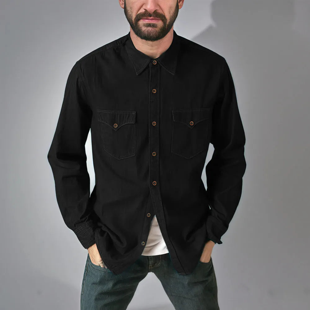 A regular-fit denim cardigan coat shown in khaki, available in sizes from Small to 3XL.