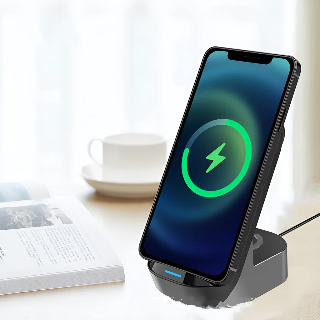 Black grey foldable 3-in-1 wireless charger stand for iPhone Apple Watch AirPods