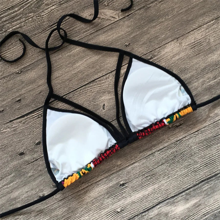 Women's digital print split bikini swimsuit with high-waist backless briefs in quick-drying fabric