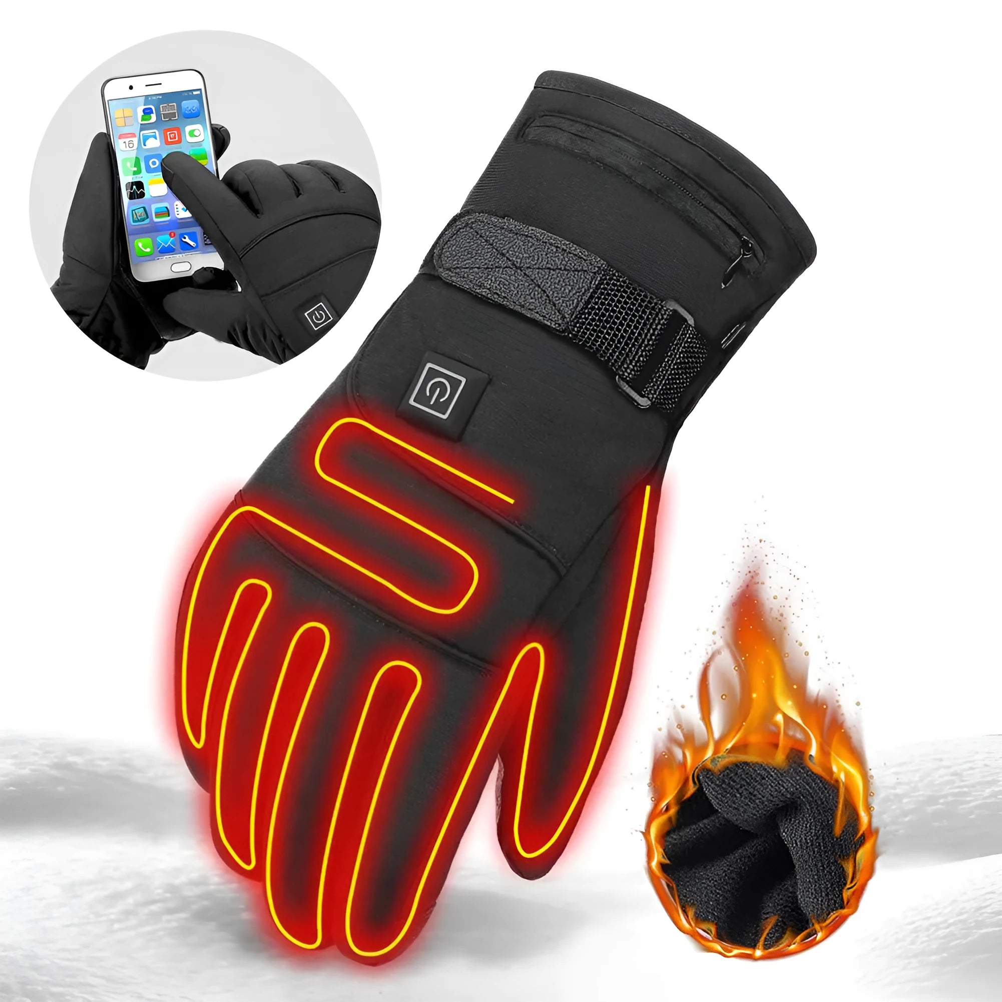 Winter electric heated gloves with touch screen fingers and carbon fibre heating in black nylon and cotton