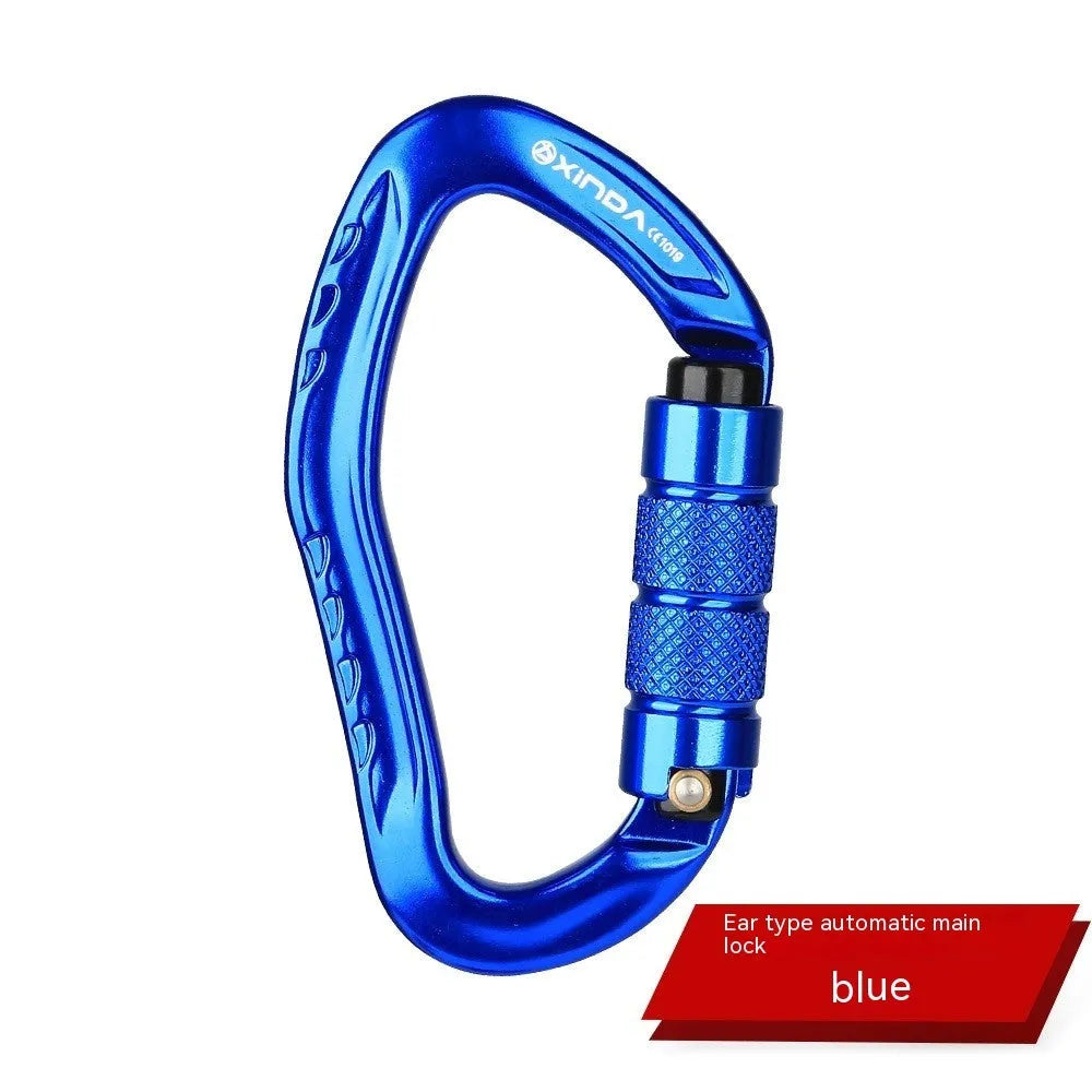 Automatic locking climbing carabiner hook in a selection of colours including black, blue, orange, red, and silver.