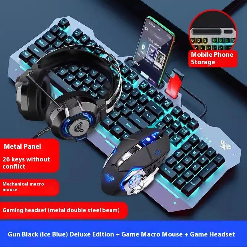 Black and white wired keyboard mouse headset bundle for desktop computer setups