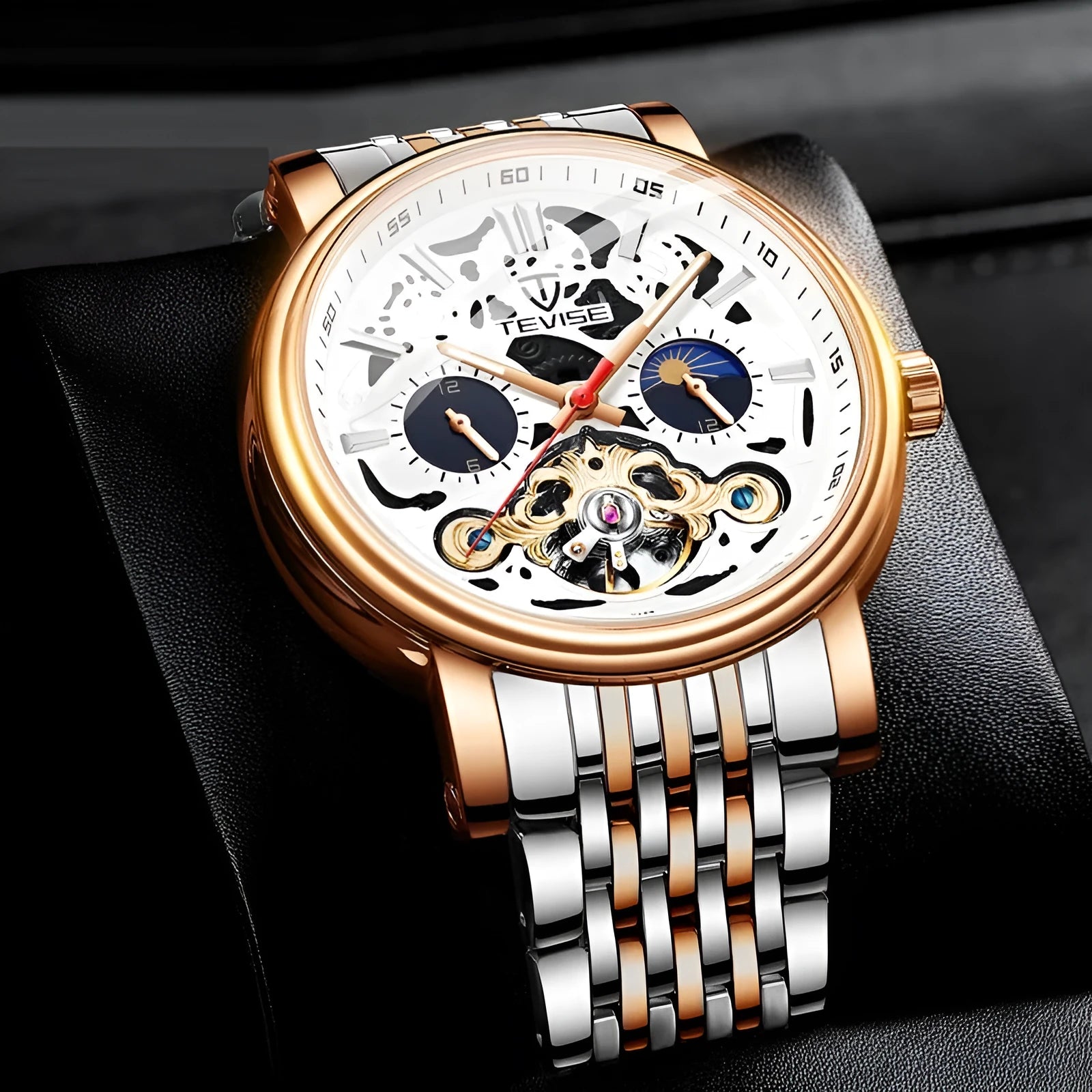 Men's mechanical watch with tourbillon, luminous hands, waterproof case in multiple colour options