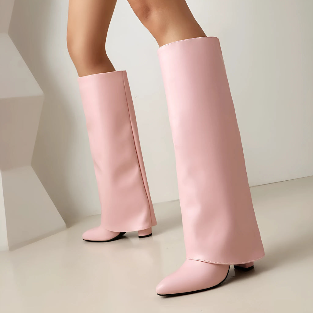 Women's plus size thick high heel boots in black, high cylinder sock length with decorative sewing lines.
