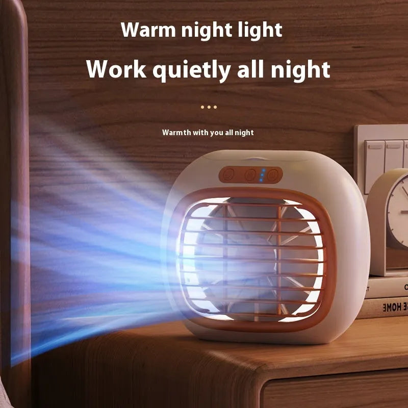 Mini USB spray air conditioner fan with 3-speed brushed motor in rose gold on a desk