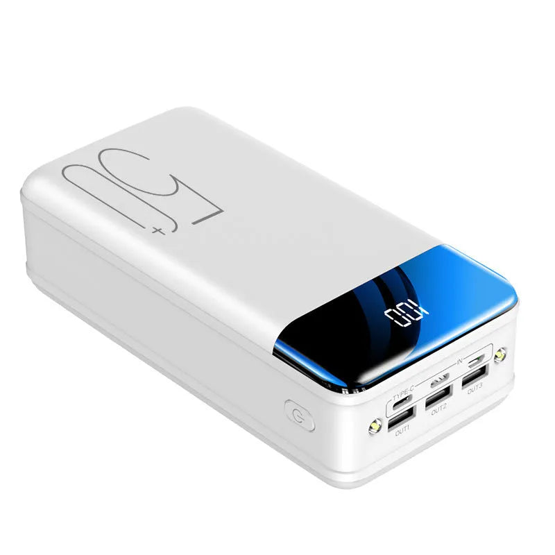 Large 50000mAh capacity power bank with three output ports in black or white plastic casing
