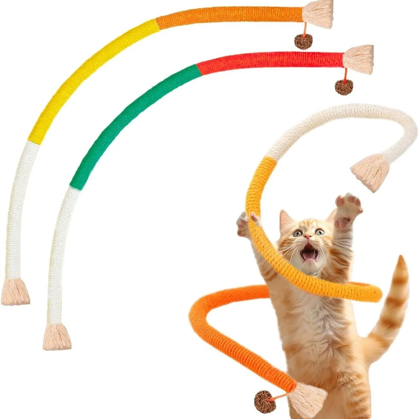 Bite-resistant cat teaser toy with a long cotton string and a catnip stuffy attached, showing purple, orange, and green colour options.