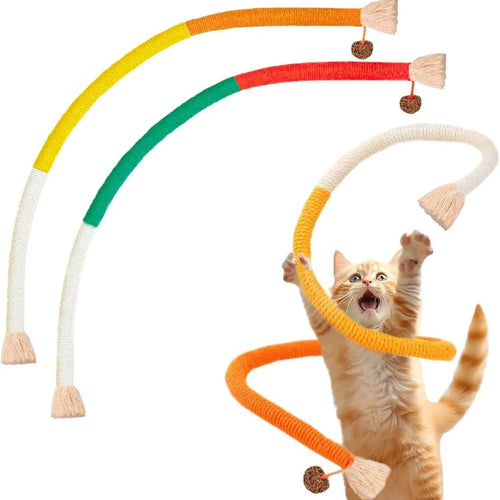 Bite-resistant cat teaser toy with a long cotton string and a catnip stuffy attached, showing purple, orange, and green colour options.