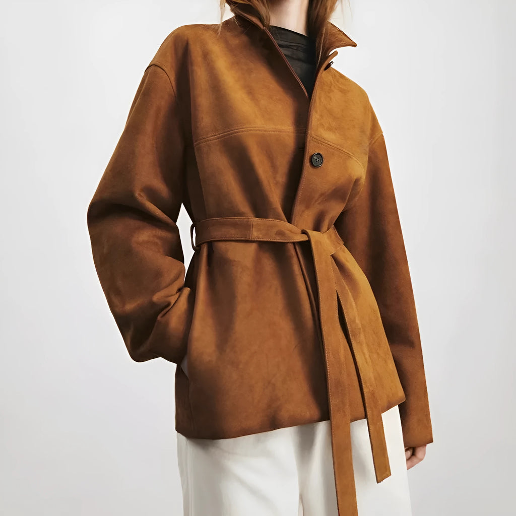 Women's retro-style cashmere coat with Peter Pan collar in yellow brown colour showing leather stitching details