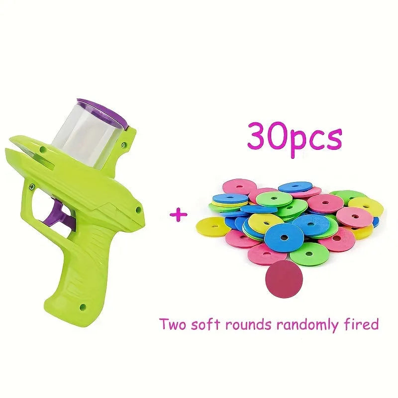 Battery-free motorised interactive cat toy launcher with soft foam discs in purple and green colour options.