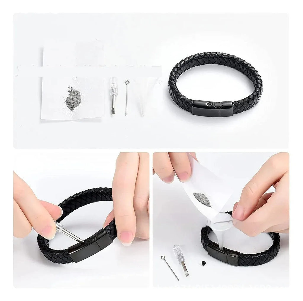 Black leather woven stainless steel casket bracelet with personalised lettering