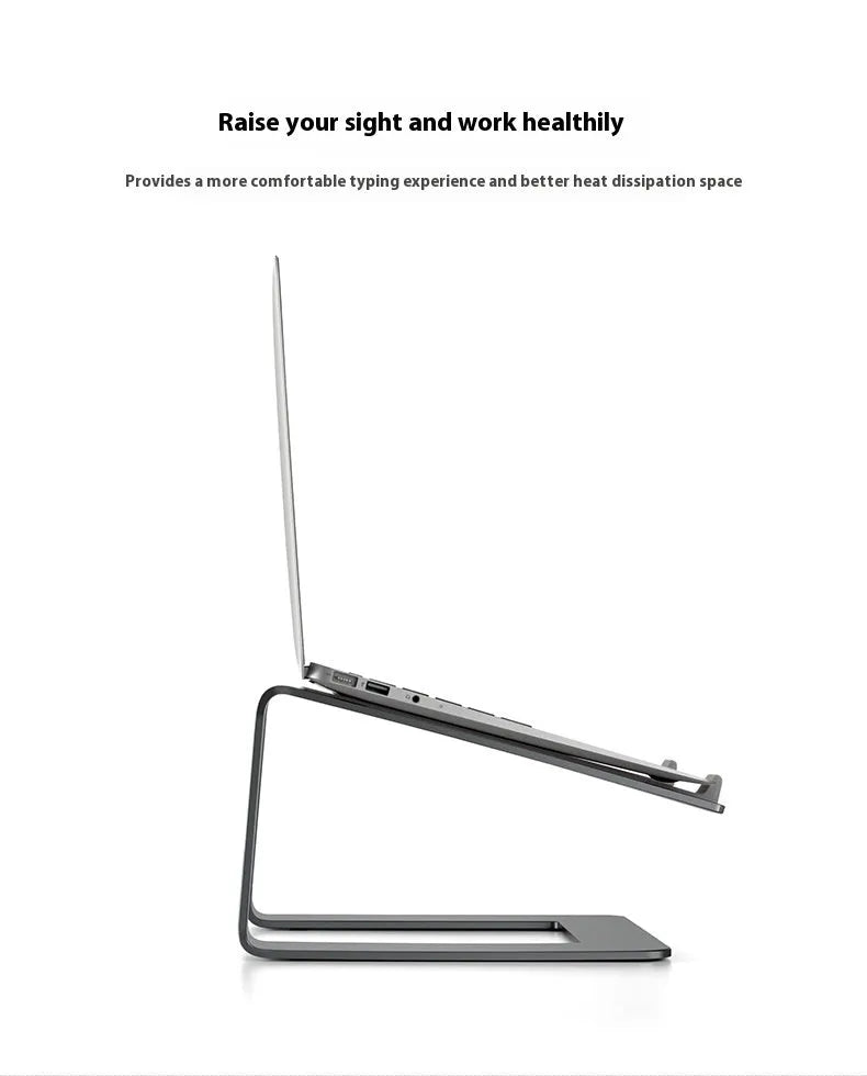 Aluminium alloy laptop stand in black or silver measuring 29.9 x 25.8 x 18.5 cm on a desk