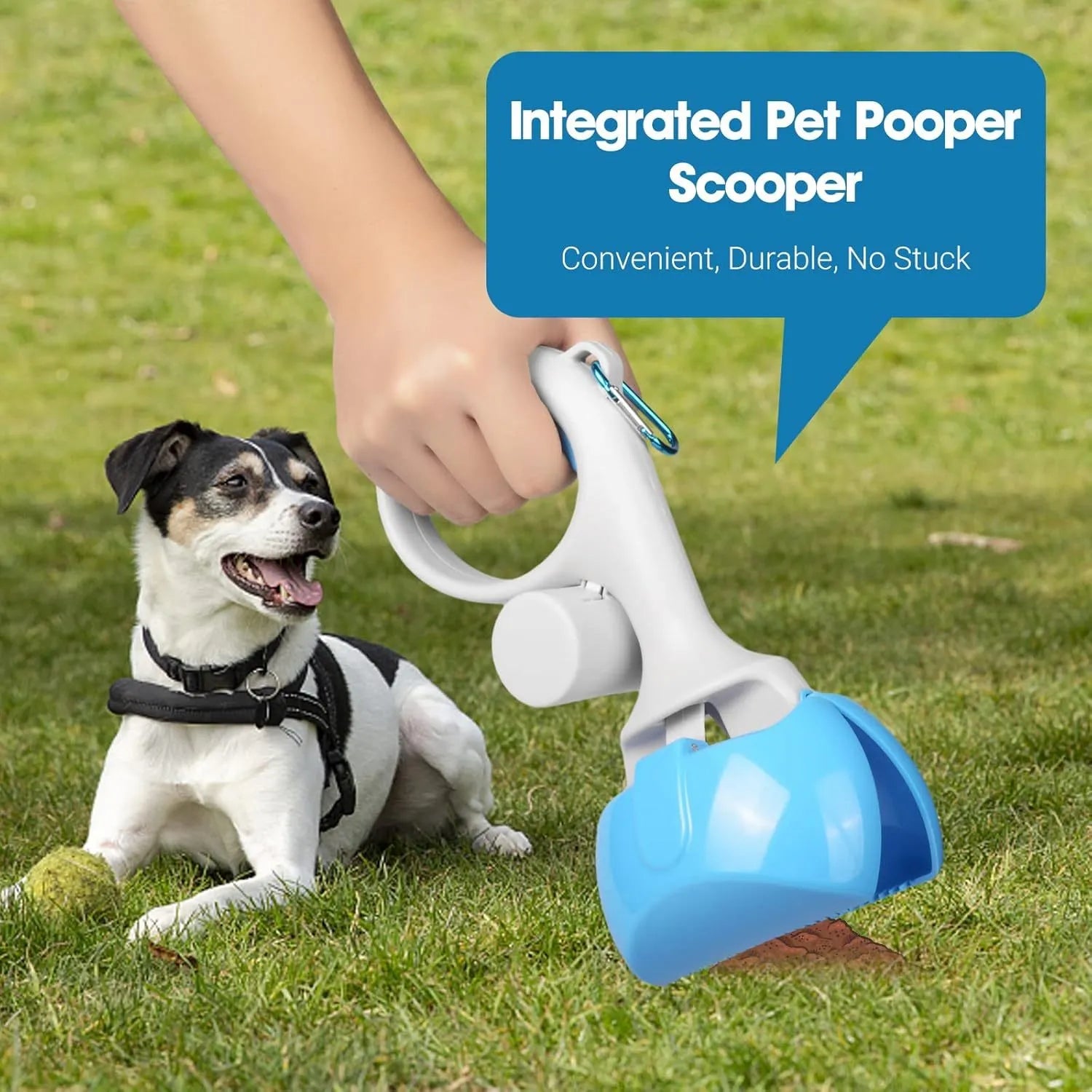 Heavy-duty ABS plastic pet pooper scooper with integrated trash bag holder in black, blue, red, or yellow.