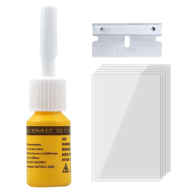 Yellow three-piece car windscreen repair tool set with glass repair liquid