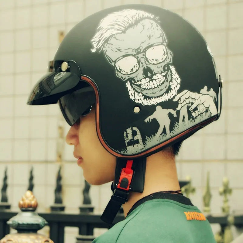 Retro style half helmet for motorcycle riding shown in multiple colour options on a grey background