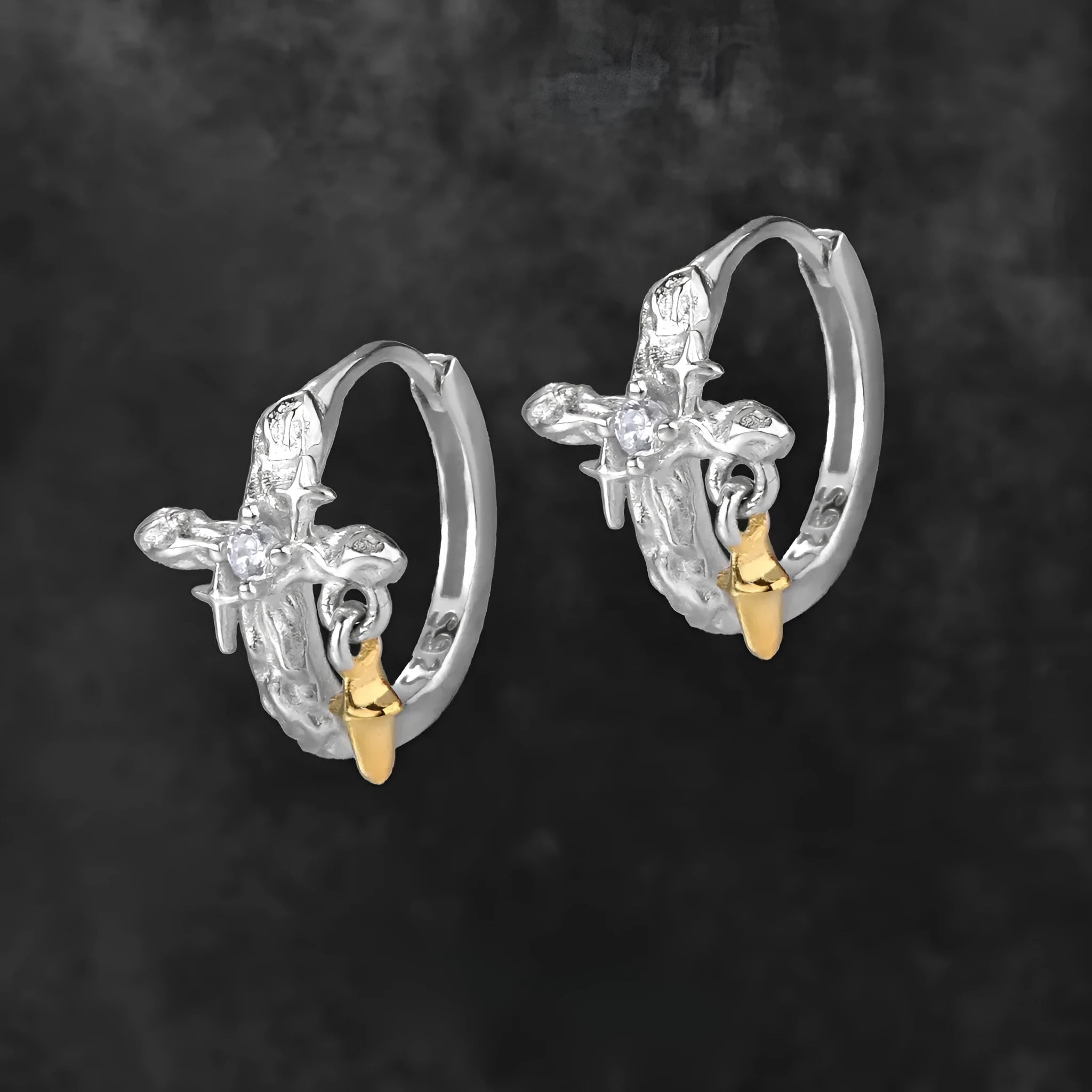 925 silver cross earrings with electroplated white gold finish and geometric round design