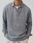 Men's solid colour long sleeve cotton blend pullover shirt with lapel collar, regular fit, available in dark green, gray, and rose red
