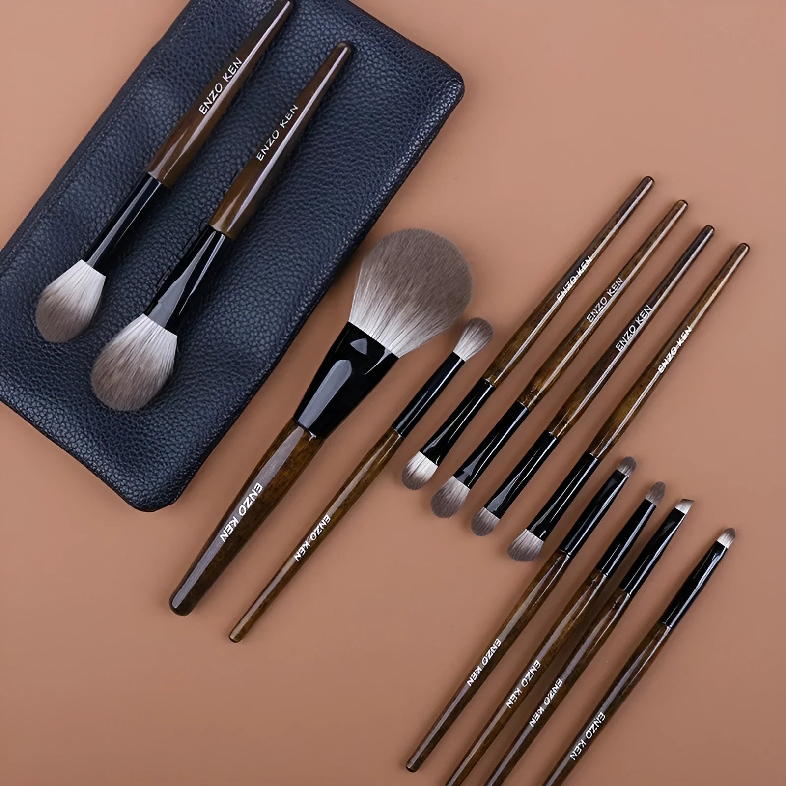 12-piece makeup brush set with wooden handles in grey PU storage case