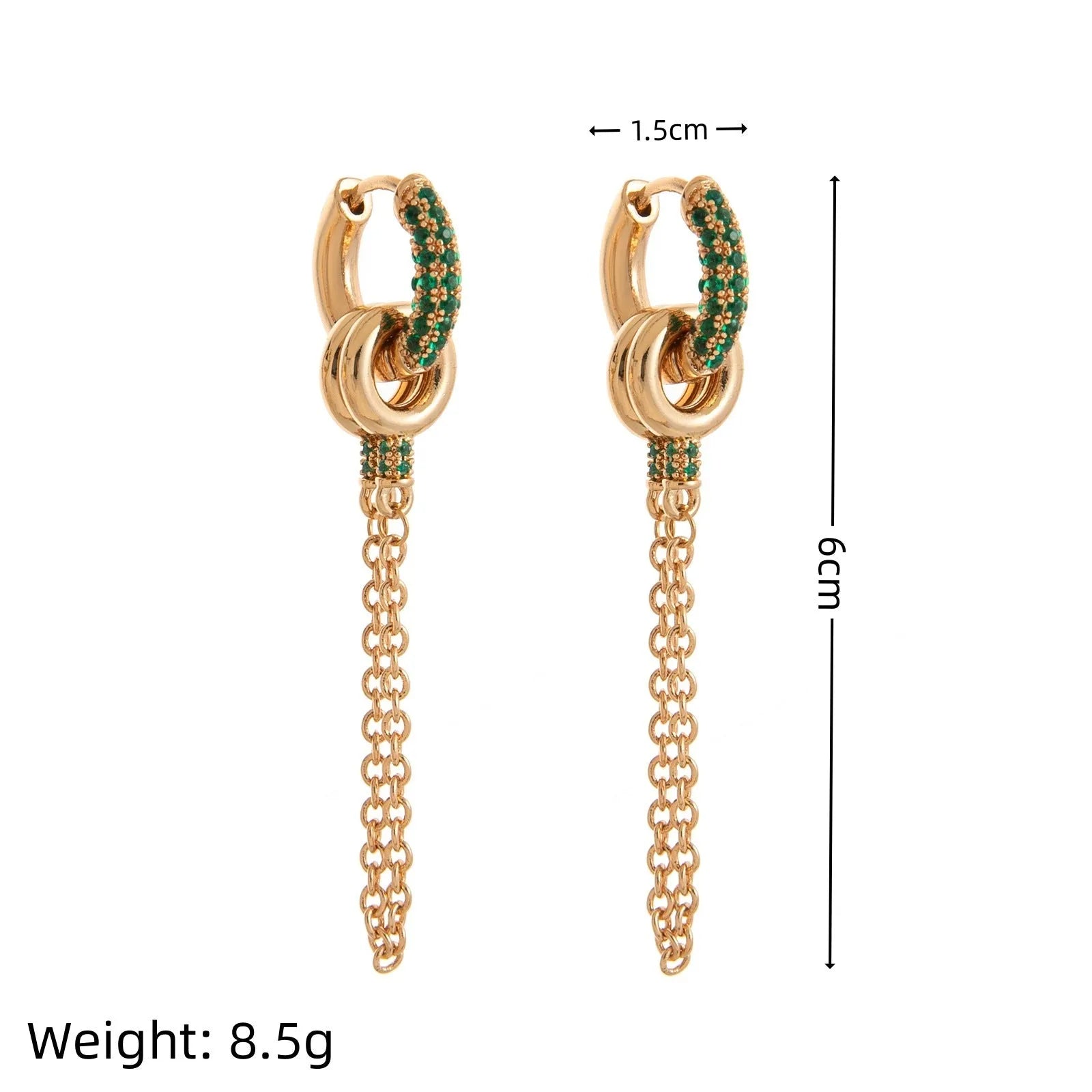 Pair of green zircon ear studs with chain, copper base, electroplated finish, two ways to wear design
