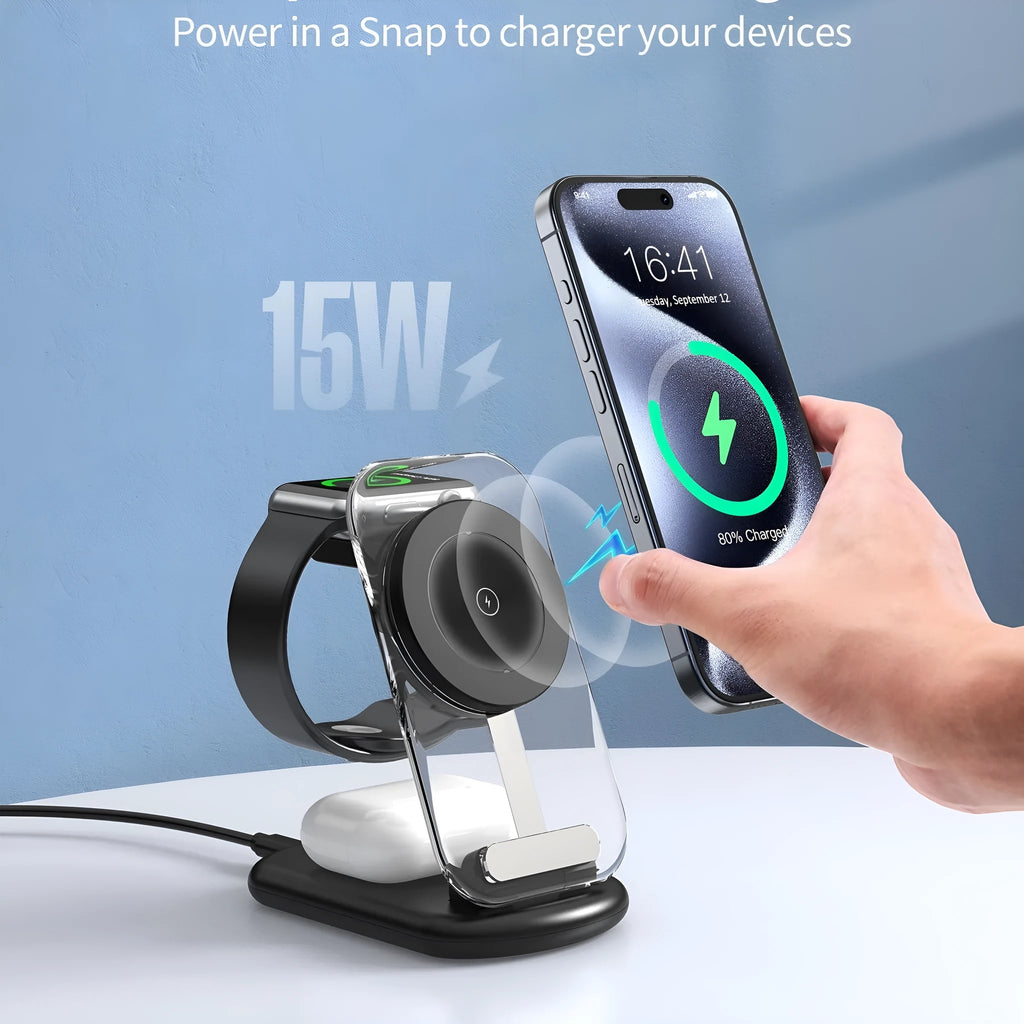 Transparent folding three-device magnetic wireless charger showing internal components