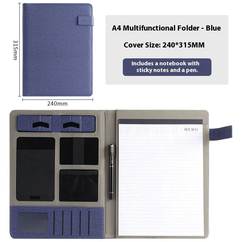 Black leather A4 business folder with pen holder and notepad accessories