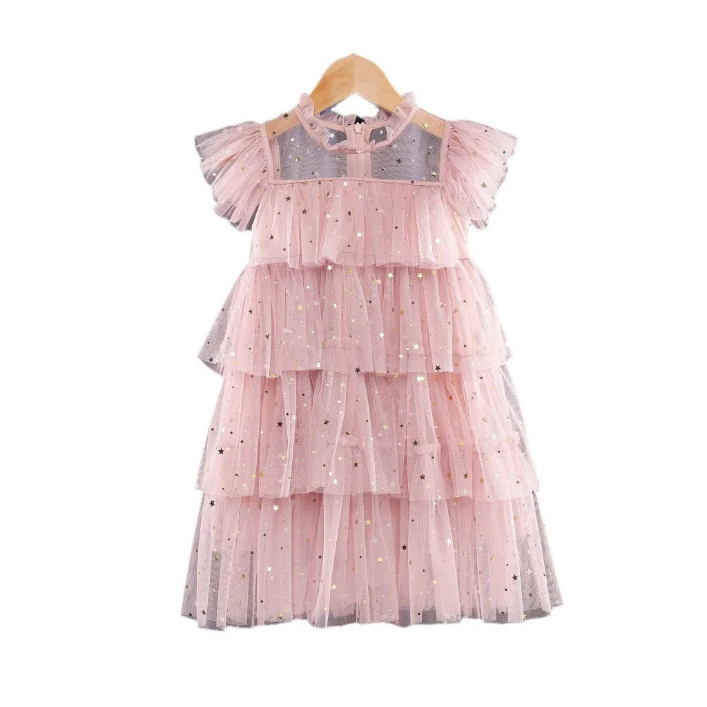 Girls' sleeveless fairy princess dress with star sequins and cake pattern, available in pink, blue, wine red, white, black and polka dot flounced sleeve, sizes 80-160cm