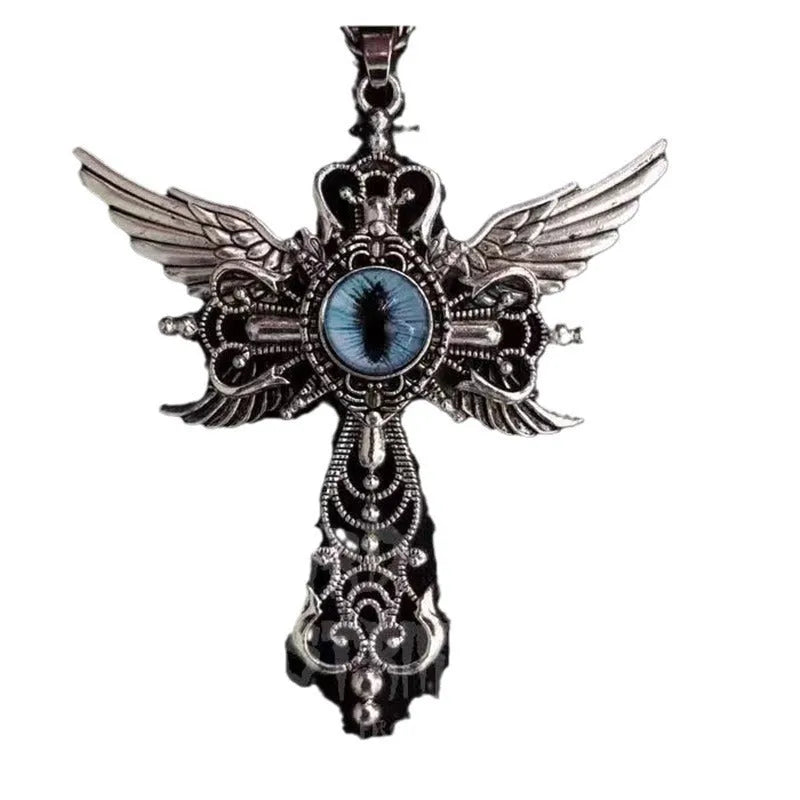 Geometric devil wings cross pendant necklace in alloy with multiple colour options