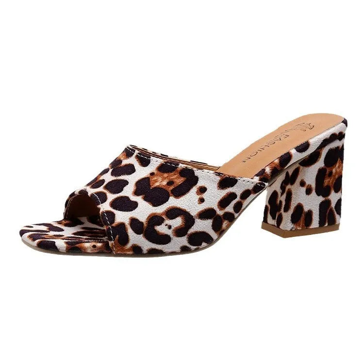 Leopard square toe chunky heel summer slippers for women in camel colour with rubber sole