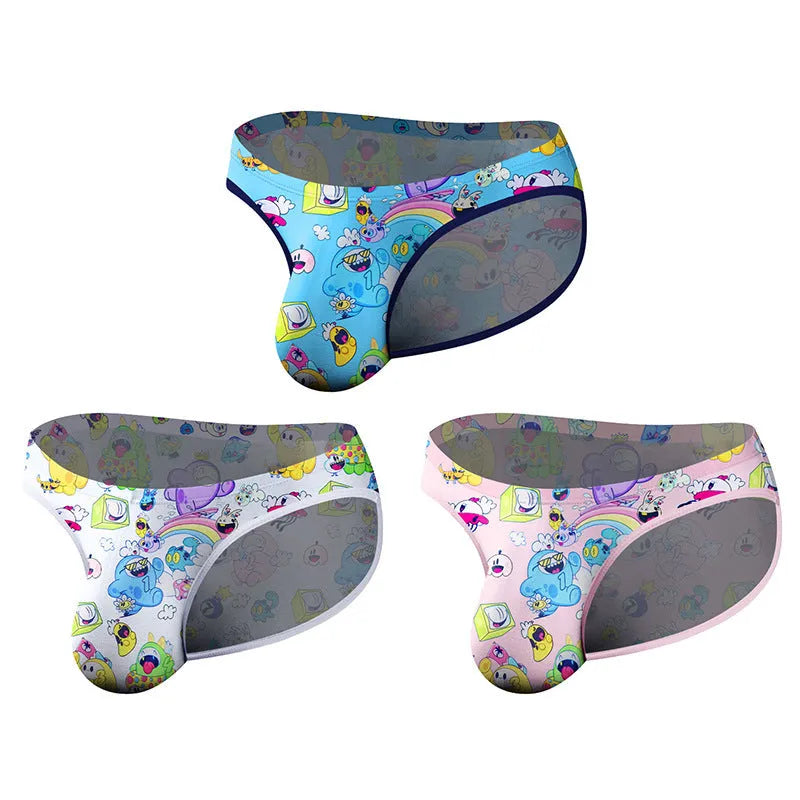 Cartoon bikini high fork men's briefs in seamless knitted nylon, low waist, pink colour, front view