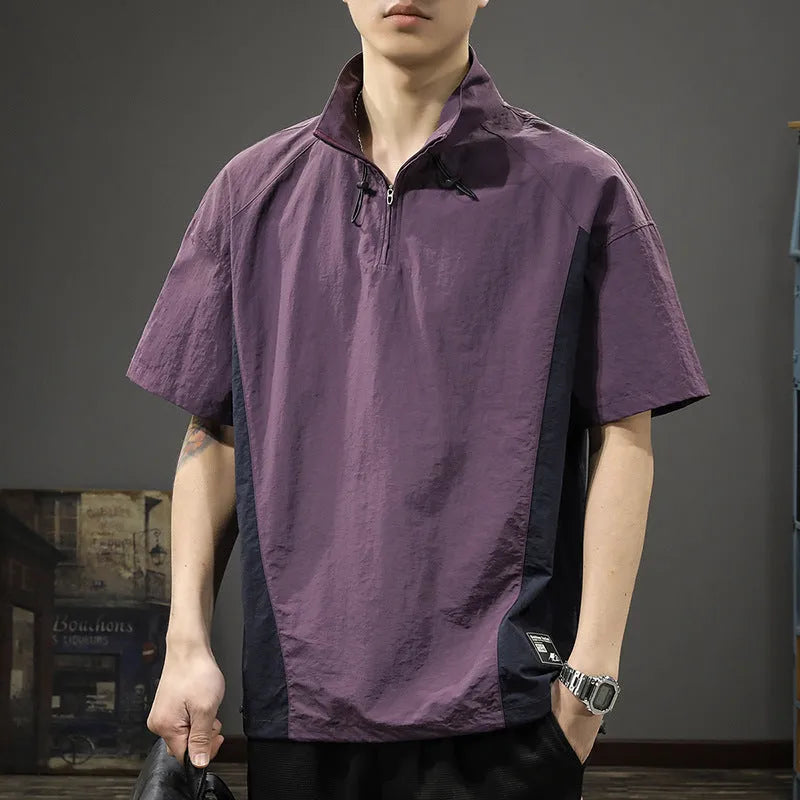 Men's brown half-zipped stand collar business casual shirt with short sleeves and ice silk fabric