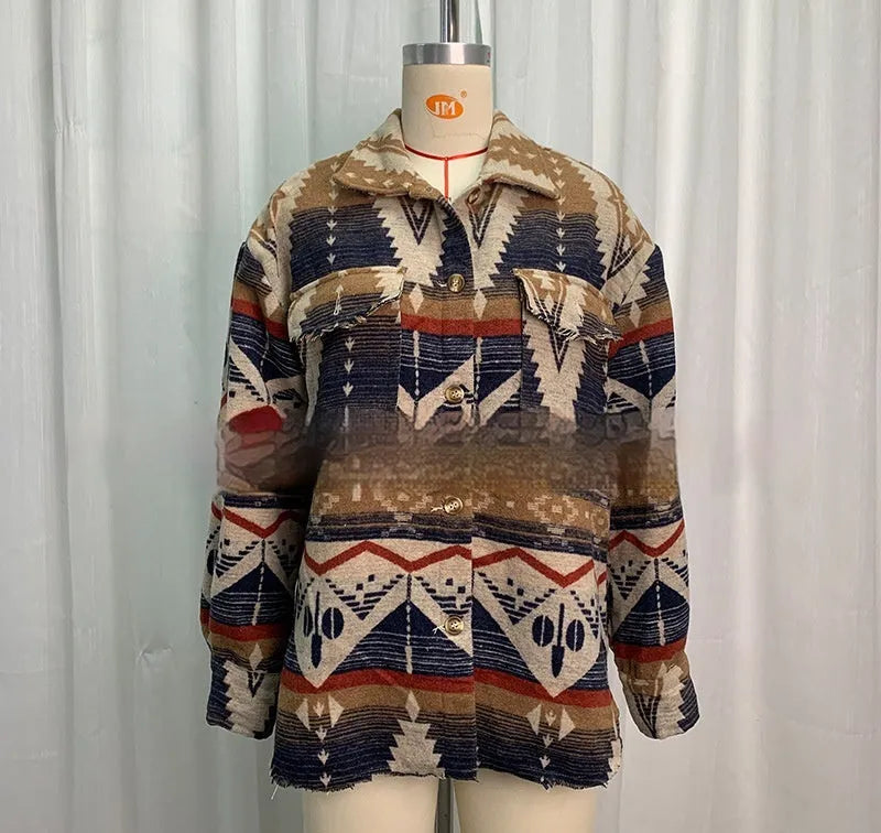 Retro style women's woolen jacket with Aztec printed design in loose fit