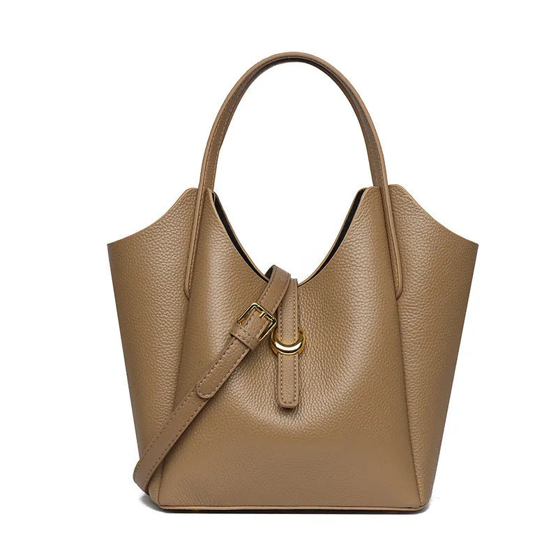 Genuine leather women's retro bucket bag in beige with top handle and sandwich pocket