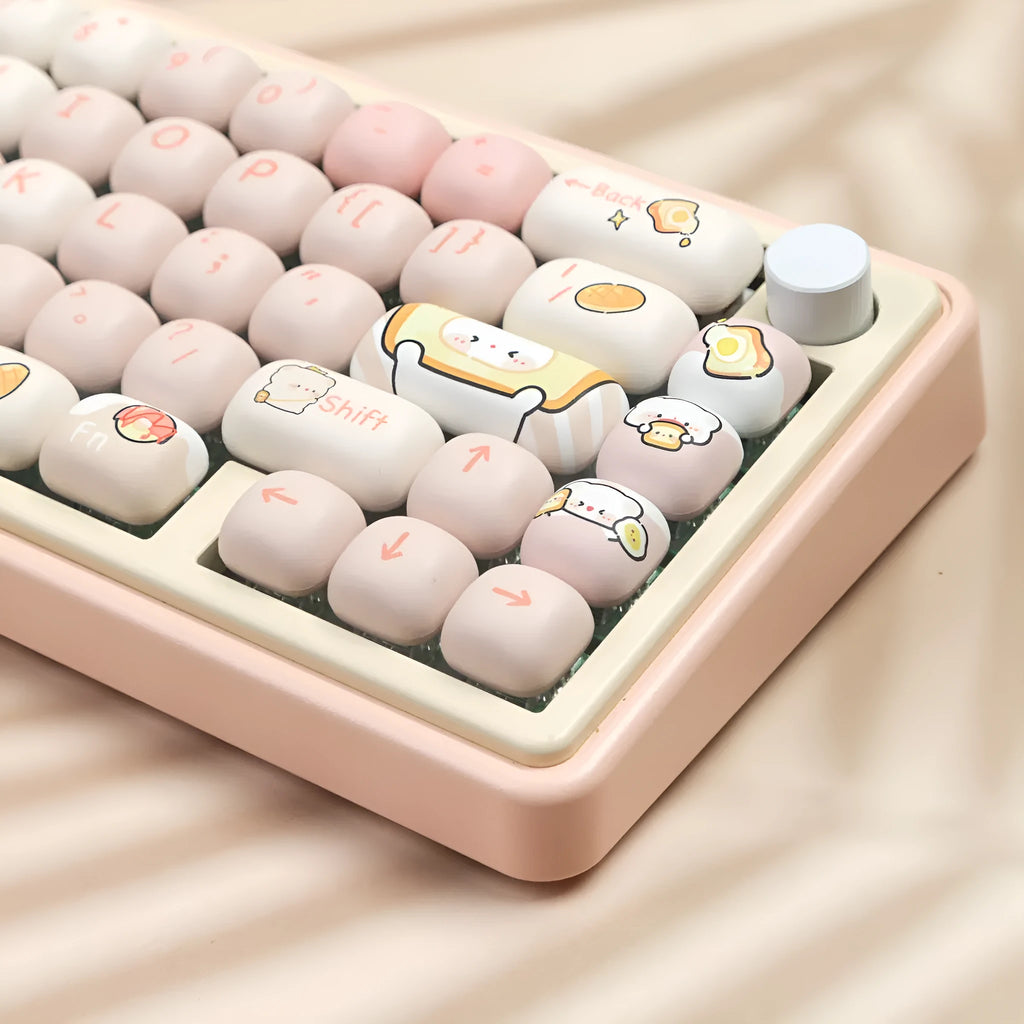 MOG Steamed Bread PBT key cap set with Bread Bear character design showing 143+3 keys for mechanical keyboards