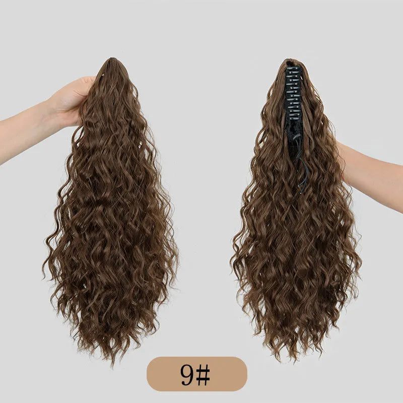 Synthetic water ripple grip corn curler ponytail wig in various colours with hair clip.
