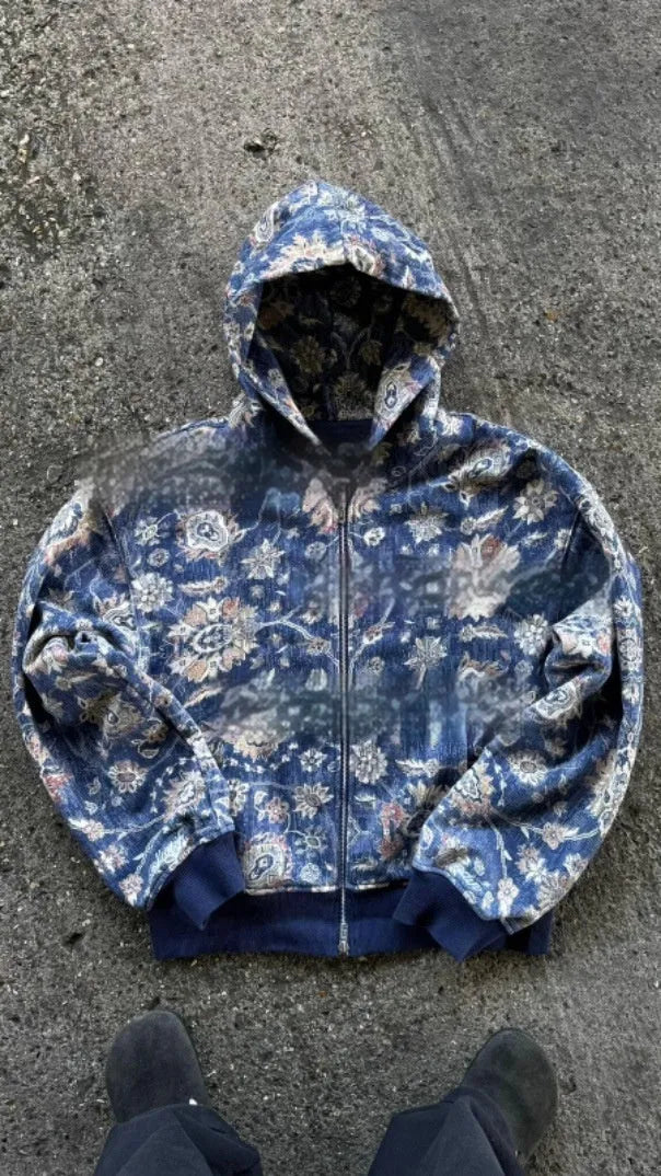 Men's loose fit hooded zip coat in polyester with digital printing, shown in red and blue colour options