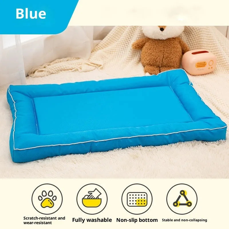 Breathable Oxford cloth kennel pad for dogs in orange, blue, gray, and dark green, available in sizes S to XXL
