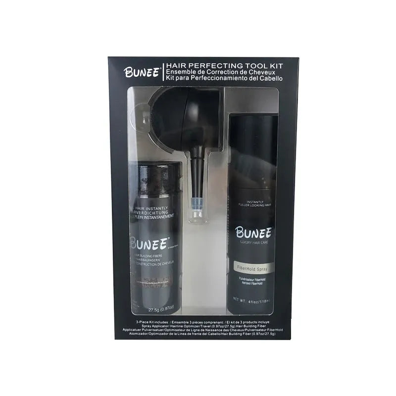Dense hair fibre powder kit with 275g styling spray and applicator nozzle in multiple colour shades