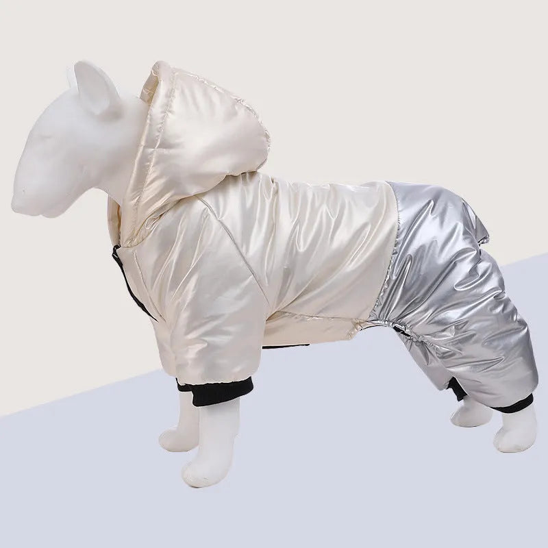 Green four-legged waterproof dog coat on a pet, showing full coverage and casual style.
