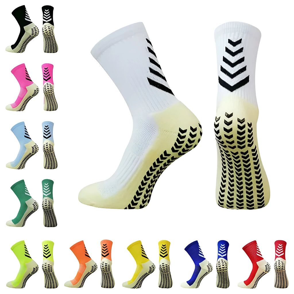 Men's mid-calf athletic socks with geometric patterns and silicone grip for running sports