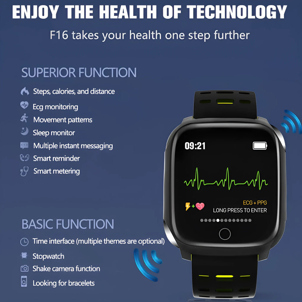 F16 smart watch with ECG display on wrist, showing black green silicone band.