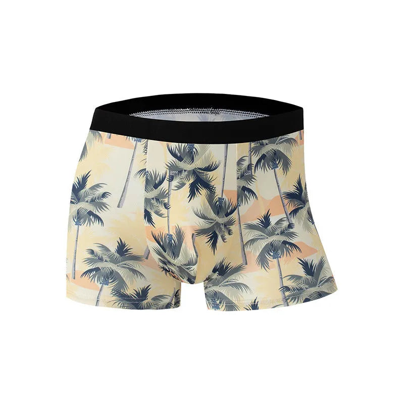 Men's ice silk underwear in polyester with floral print and mid-waist design