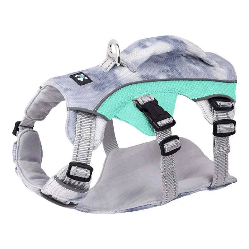 Reflective pet cooling vest chest strap in light blue, pink, dark blue, and orange colour options.