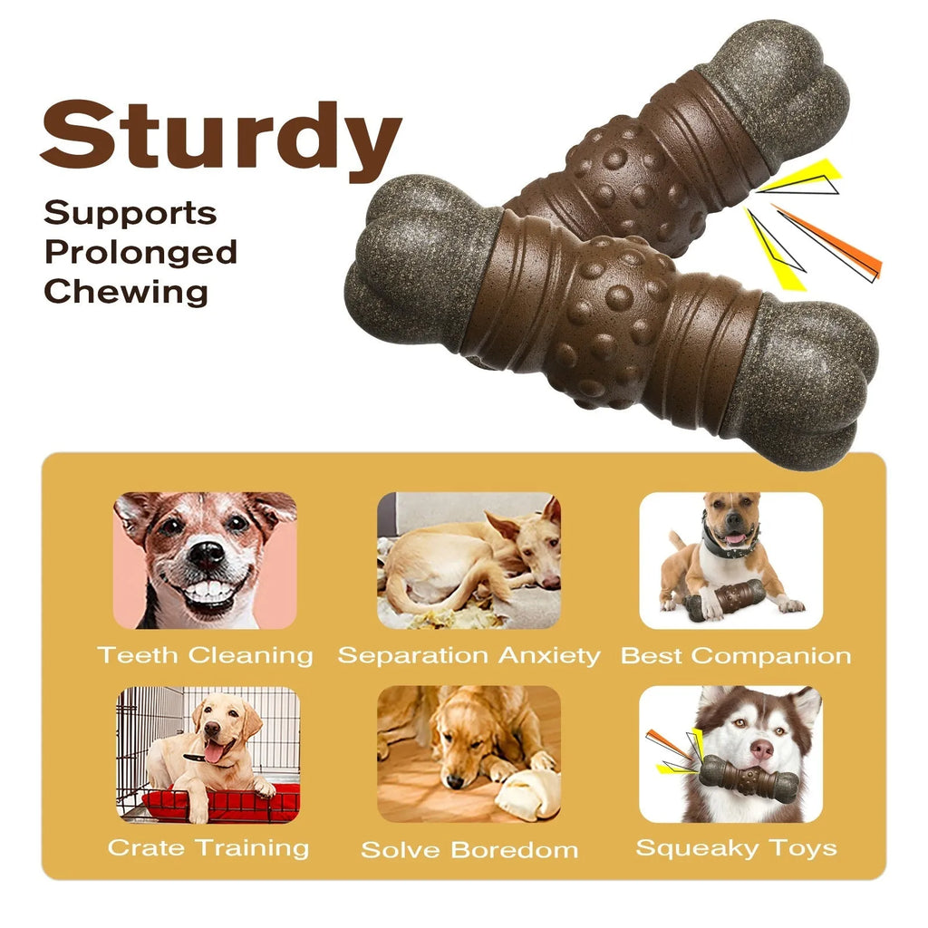 Wood colour plastic dog toothbrush toy with sounding bone design and molar rod texture