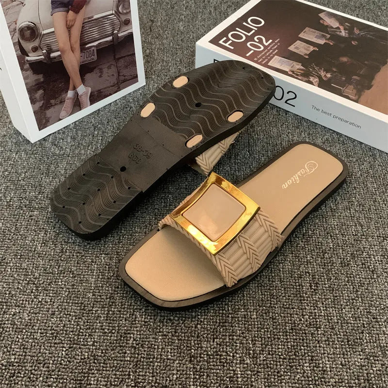 Women's apricot summer flat slippers with a non-slip PVC sole, shown on a light background.
