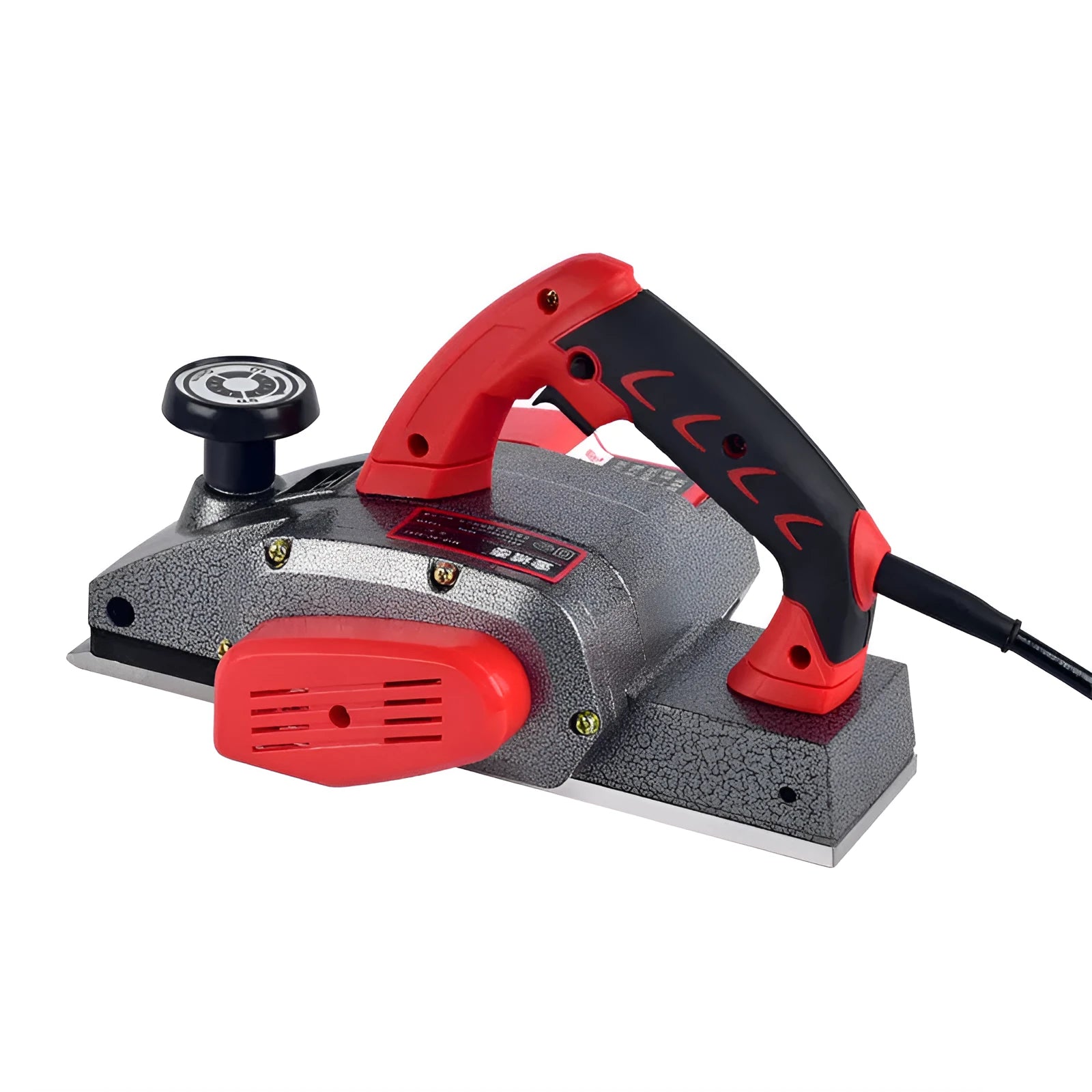 Red desktop electric wood planer with aluminium body showing 82mm cutting width