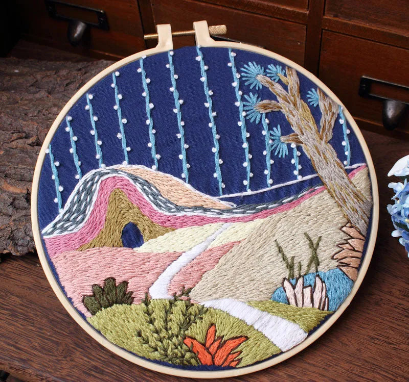 Handmade embroidery material package with architectural landscape courtyard pattern on cotton cloth, 20cm kit