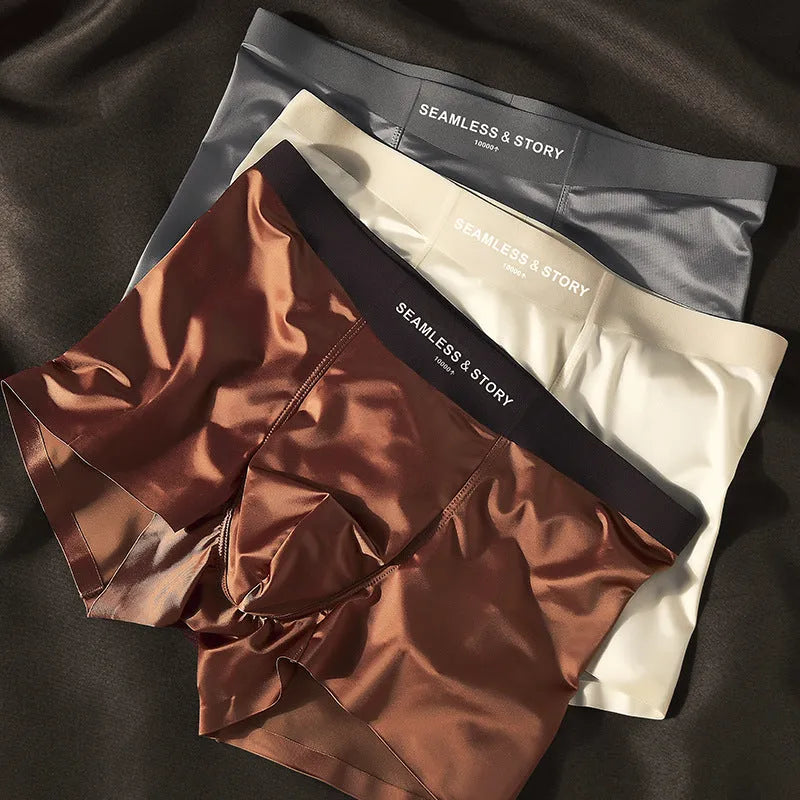 Men's ice silk satin underwear in mid waist traceless design, shown in coffee colour.