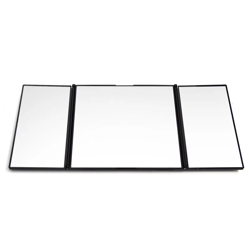 Silver folding car makeup mirror shown open and closed, next to a car visor.