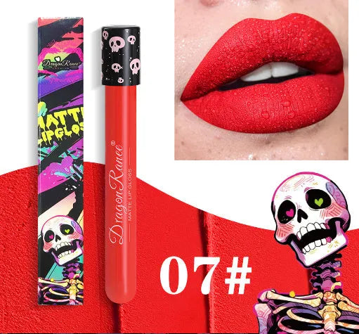 Halloween skull test tube containing gold and silver matte lip gloss for waterproof costume makeup.