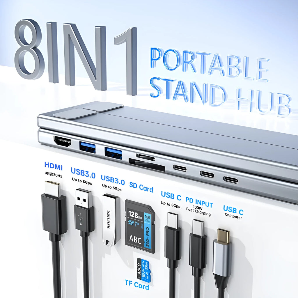Aluminium alloy laptop docking station with foldable stand and multi-interface hub